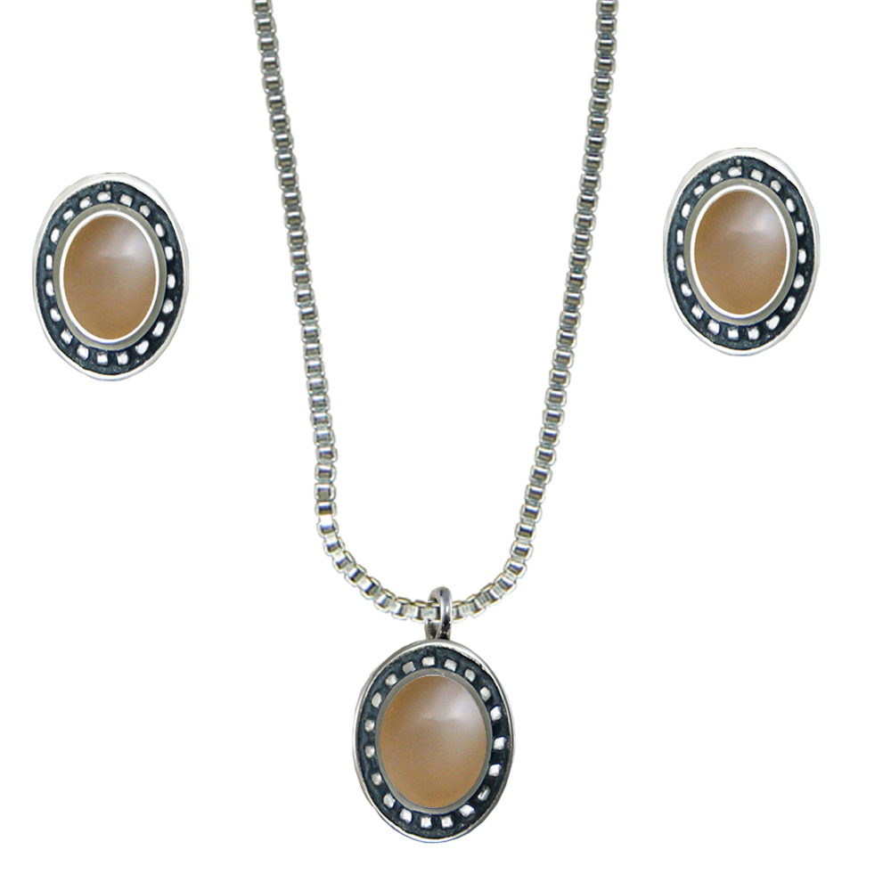 Sterling Silver Petite Necklace Earrings Set Peach Moonstone